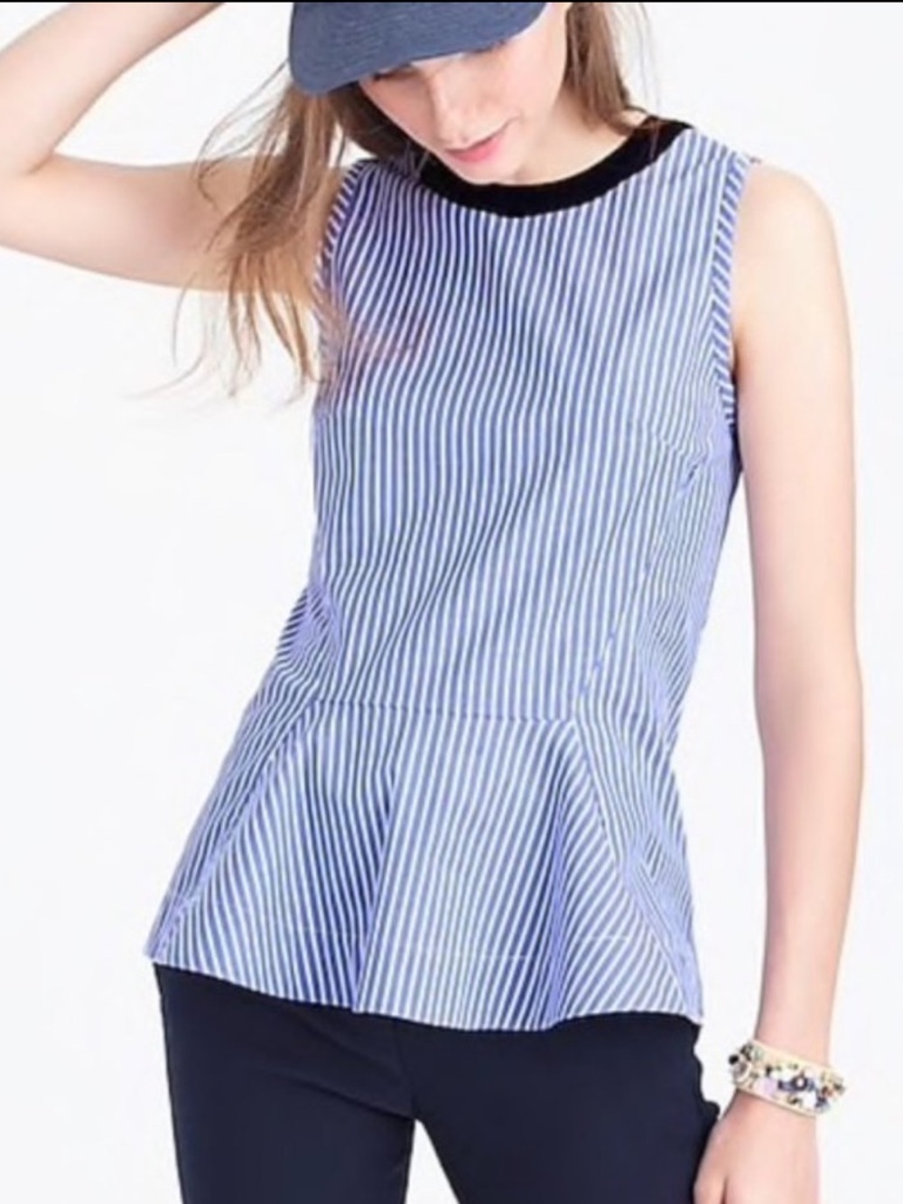 New J. CREW Cotton Striped Peplum Tank Top Sleeveless Navy Blue White Sz 000